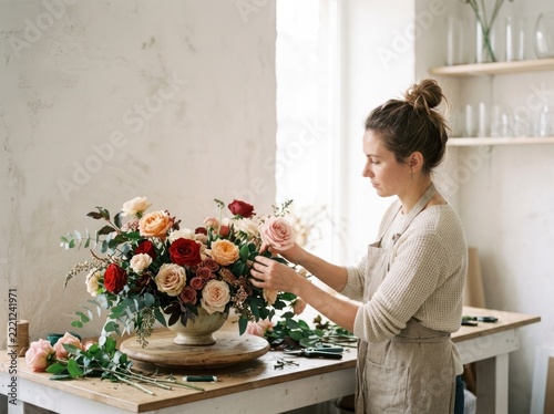 A woman arranges a floral centerpiece in a workshop setting. She is focused on her task, wearing a neutral-toned apron and a bun hairstyle. 