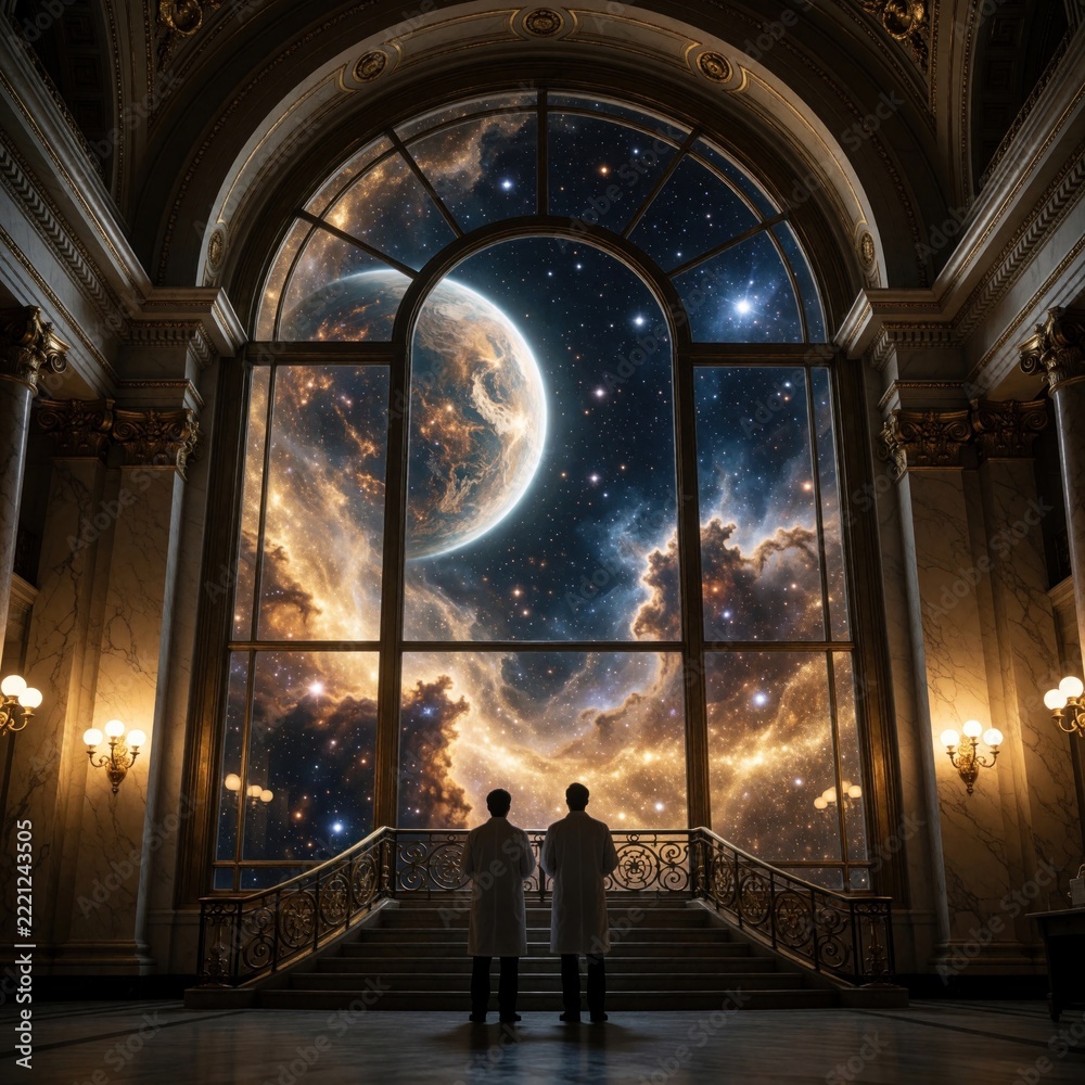 Fototapeta premium Two scientists in white lab coats stand in luxury hall looking through huge window at galaxy. Researchers observe nebula, stars, planet from futuristic space station. Astronomical discovery, space