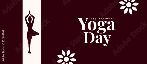 International Yoga Day banner with black yoga pose silhouette and pink leaves on white background