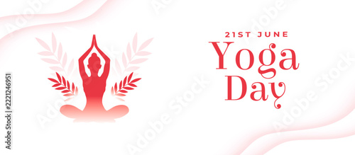 Yoga Day banner with red lotus pose silhouette and leaves, 21st June, on white background