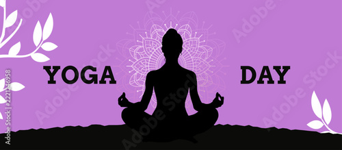 Yoga Day banner with meditating woman silhouette in lotus pose on purple background with mandala and leaves