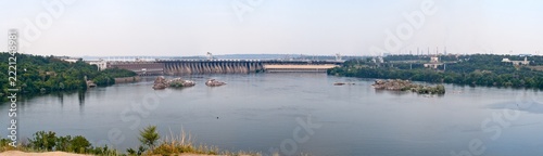 Panoramic view of Dnieper Hydroelectric Station and its reservoir in Zaporizhzhia, Ukraine