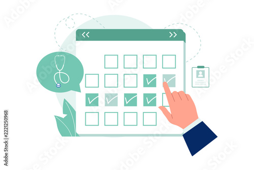Vector of Appointment Follow Up Planner Schedule Isolated Illustration. Flat illustration of a hand organizing hospital appointments and medical follow-up check marks on a calendar