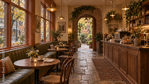 Warm neighborhood cafe with olive booth seating and brick courtyard entrance