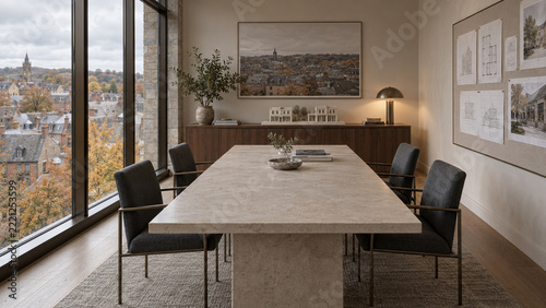 Elegant meeting room with limestone table and architectural models