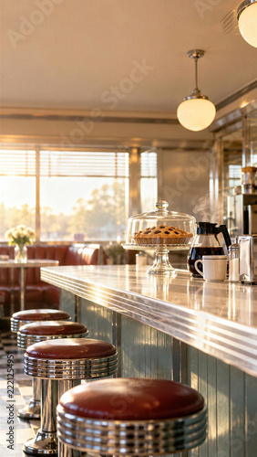 Retro diner counter with chrome bar stools, glass domed pie stand, steaming coffee pot, pendant lamps, warm sunlight in vintage interior