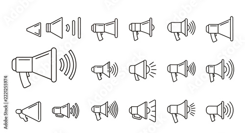 Collection of megaphone icons in various sizes and styles.