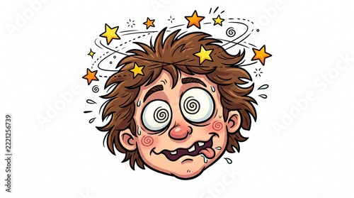 Cartoon illustration of a dizzy boy with swirling eyes and stars circling his head.