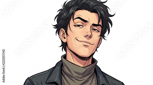 A handsome young man with messy dark hair giving a confident and sly smirk.