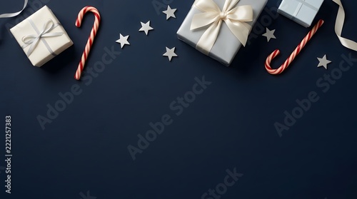 Christmas gift boxes and candy canes on dark blue background with copy space for festive holiday greeting