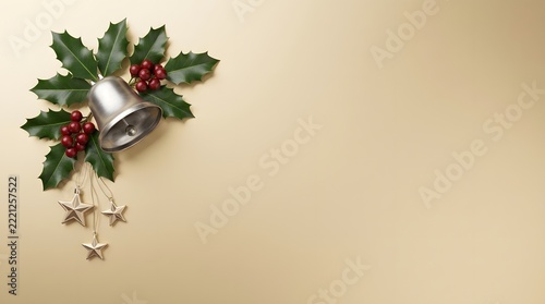 Silver Christmas bell with holly leaves and hanging star ornaments on a soft beige background