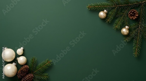 With fir branches and elegant baubles on a dark green surface with copy space