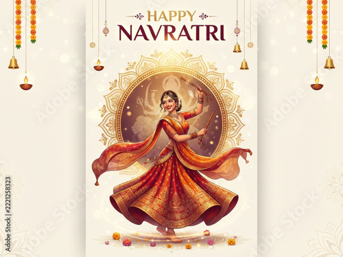 Happy navratri greeting card with dancing woman and lights