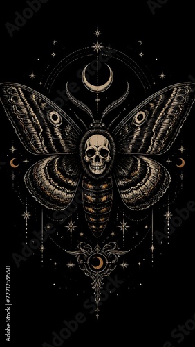 Death’s head hawk moth with skull on thorax and eye-spotted wings under crescent moon and celestial stars on black background, dark mystical illustration