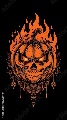 Evil flaming jack-o’-lantern pumpkin with glowing eyes, bats and ornate decorative ornaments on black background, orange Halloween horror illustration