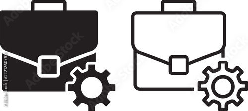 Business briefcase and gear settings icon set. Black solid and outline portfolio bag, management process