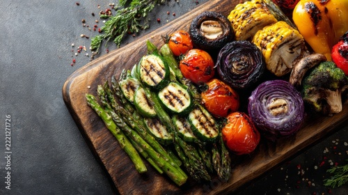 Vibrant Grilled Vegetables on Wooden Board Captured from Above with Fresh Herbs and Seasoning