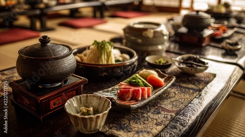 Traditional Asian dining setting with colorful sushi and steaming hot pot on wooden table in serene environment
