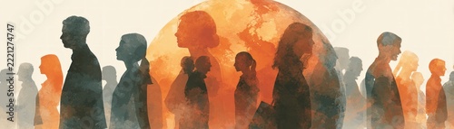 Watercolor illustration of diverse people silhouettes standing before large glowing globe representing global community and international unity