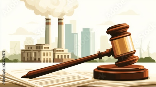 Environmental Law and Industrial Emissions Regulation Concept with Judge Gavel and Polluting Factory at Sunset