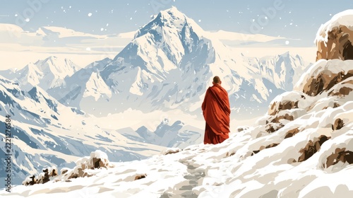 Buddhist Monk Walking Alone Through Snowy Himalayan Mountains, Spiritual Journey, Solitude and Meditation Concept