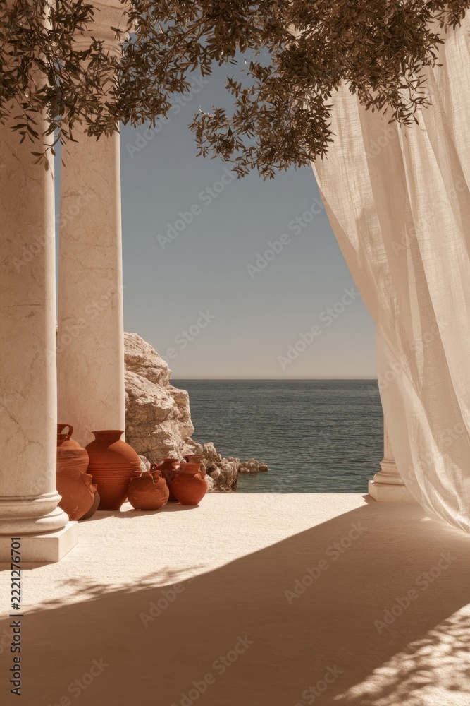 Fototapeta premium Elegant Coastal Villa Terrace Overlooking a Serene Mediterranean Sea with Olive Trees and Sunny Architecture