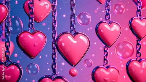 Glossy Pink Crystal Hearts with Silver Chains and Sparkling Glass Reflections for Romantic Valentine Background