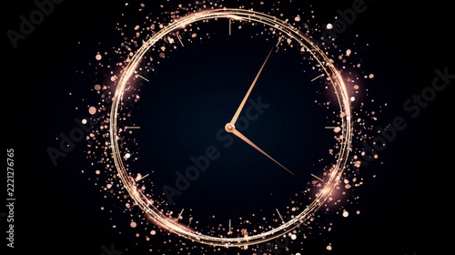 Luxury Golden Clock with Sparkling Particle Trail on Dark Blue Background for New Year Countdown Concept