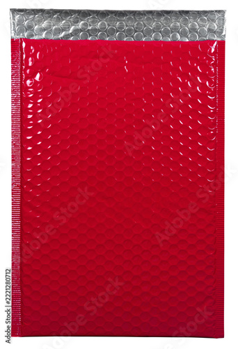 Bright Red Plastic Bubble Wrap Mailer Envelope Isolated on Black Background