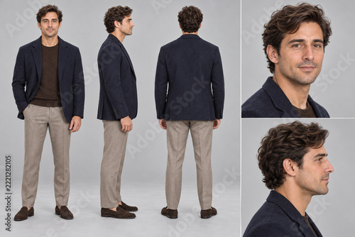 Man in navy blazer and beige trousers character reference sheet