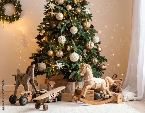 Festive Christmas Tree with Vintage Toys and Twinkling Lights.