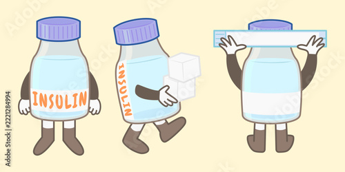 Playful hand drawn insulin bottle characters holding sugar cubes, pointing to a blood drop and carrying a glucose meter. Designed for diabetes awareness, healthcare education and patient resources.