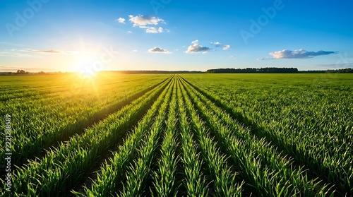 Bright morning sun shines over expansive green crop fields with neat rows leading to horizon line under vibrant sky suitable for sustainable agriculture concept.
