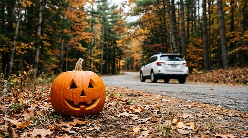 Jack-o-lantern carved pumpkin on forest road surrounded by autumn leaves with a car in background.