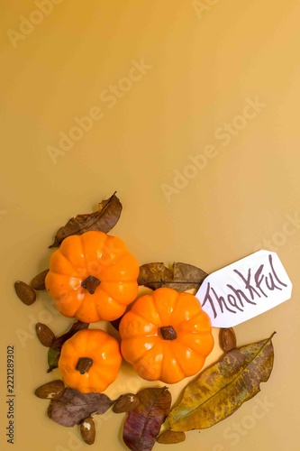 Thankful pumpkins autumn flat lay with fall leaves