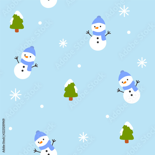 Cute Snowman and Christmas Tree Seamless Winter Pattern on Blue Background