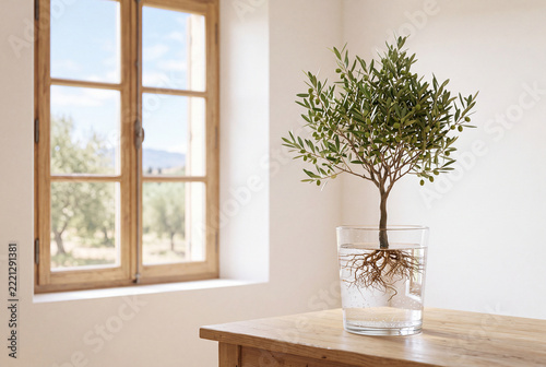 Surreal style image of a levitating olive tree with roots in the glass