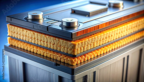 Battery Technology: A detailed cross-section reveals the intricate layers of an advanced battery cell, showcasing its innovative design and construction.