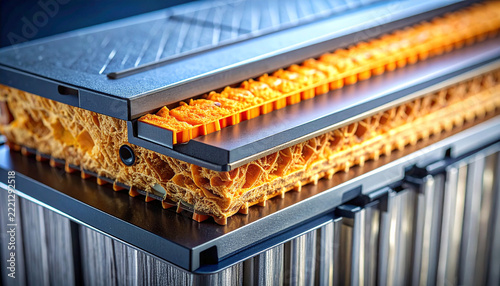 Electric Car Battery Module: A detailed cross-section showcases the internal structure of an advanced electric vehicle battery module.