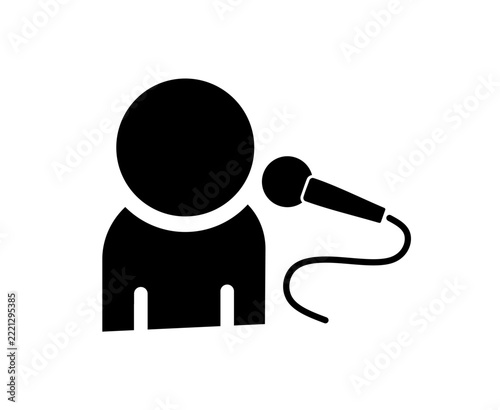 Black Silhouette of a Person Speaking into a Microphone with Curved Cable, Public Speaking and Interview Icon