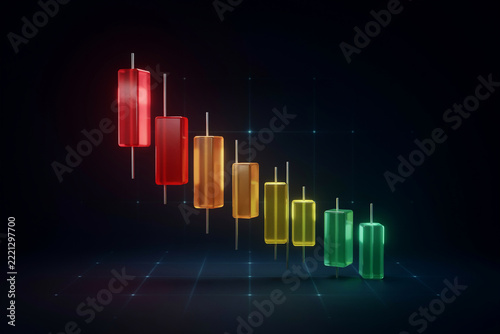 3D render of a descending financial candlestick chart with gradient colors, showing a downward trend on a dark grid background