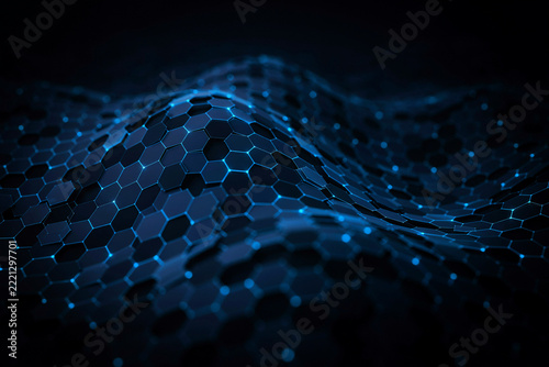 3D render of a dark blue wavy hexagonal grid surface with glowing light points at the intersections, abstract geometric background pattern