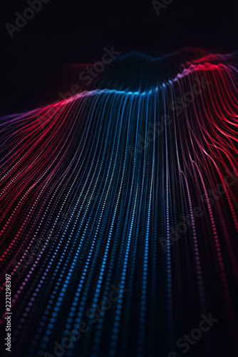 Abstract 3D render featuring parallel glowing dotted lines in vibrant red and blue colors against a deep background