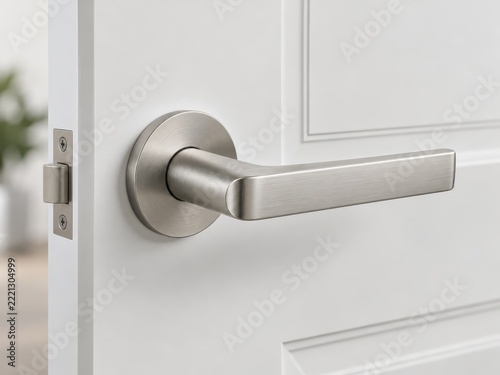 Minimalist Brushed Silver Lever Door Handle on White Paneled Interior Door