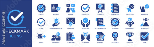 Checkmark icon set. Containing design Check, Accept, Agree, Complete, Correct. Solid icon collection.