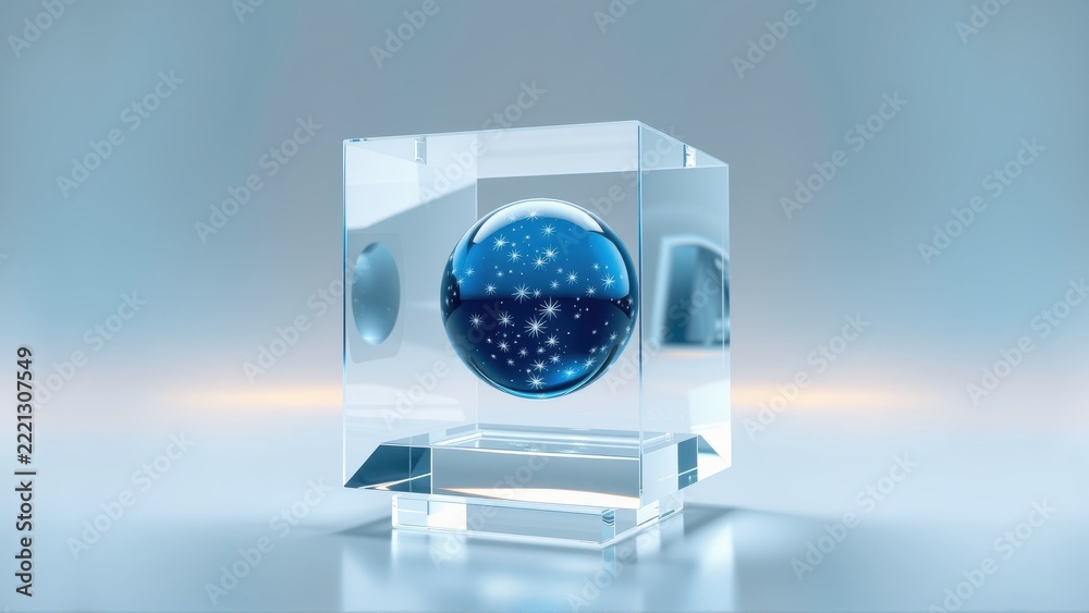 Fototapeta premium Glass cube contains sphere. Stars visible inside. Soft lighting creates dramatic effect. Minimalist composition, clean lines.