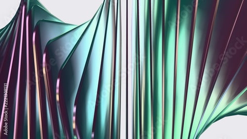 Close-up of iridescent teal and burgundy metal plates fanning upward
