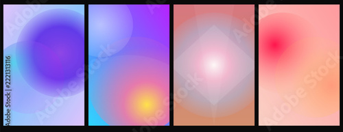 Set of four vertical abstract gradient backgrounds featuring soft colorful blurred geometric shapes and vibrant light effects