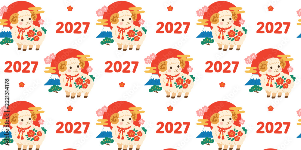 Obraz premium seamless chinese new year pattern with cute sheep and traditional ornaments