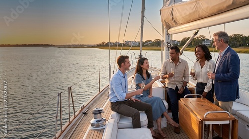 Diverse Business Professionals Celebrating Corporate Incentive Trip on Luxury Sailing Yacht at Golden Hour
